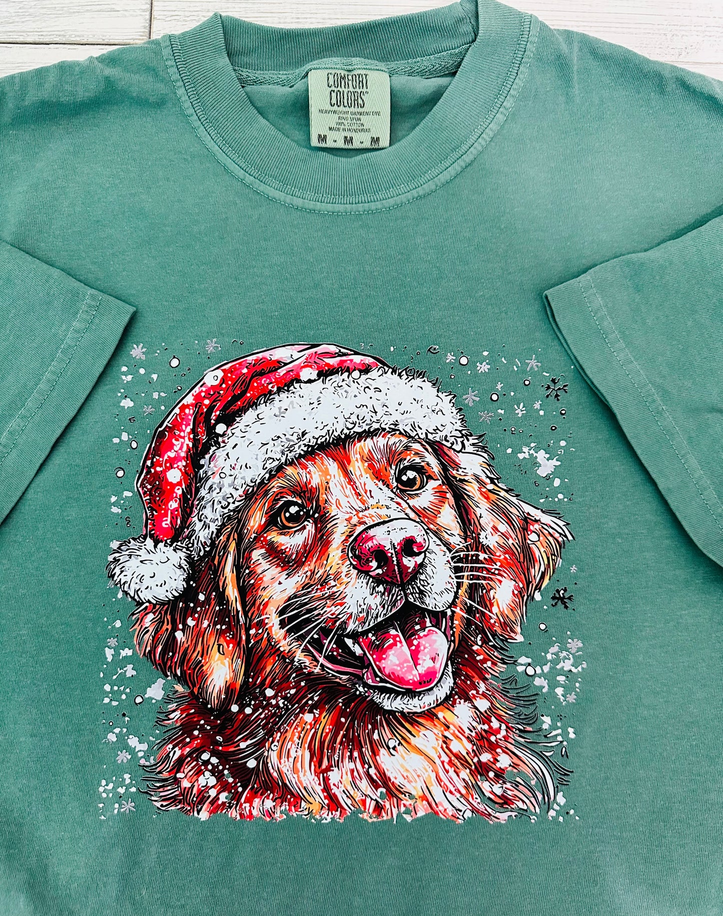 GOLDEN RETRIEVER IN SANTA HAT AND SNOWFLAKES