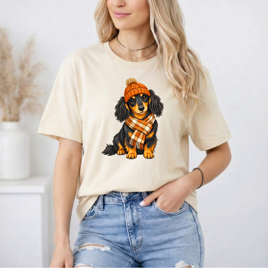 DACHSHUND IN SCARF FALL SHIRT