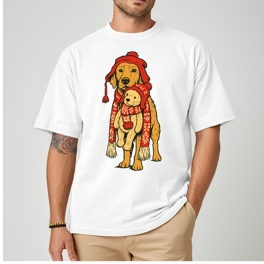 GOLDEN RETRIEVER WITH TEDDY BEAR