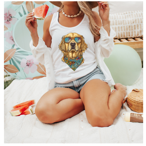 GOLDEN RETRIEVER WITH SUNGLASSES